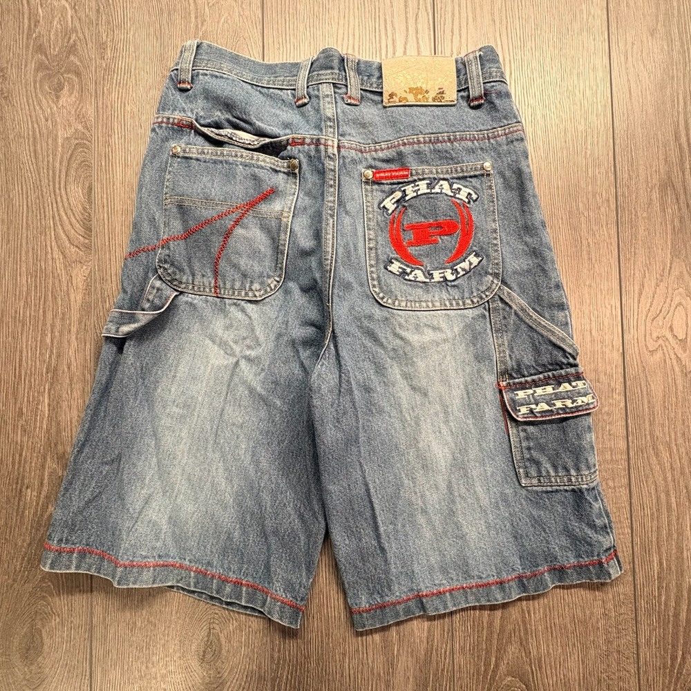 Vintage Phat Farm Y2K Baggy Denim Carpenter Shorts Blue Red Stitching Mens 29
